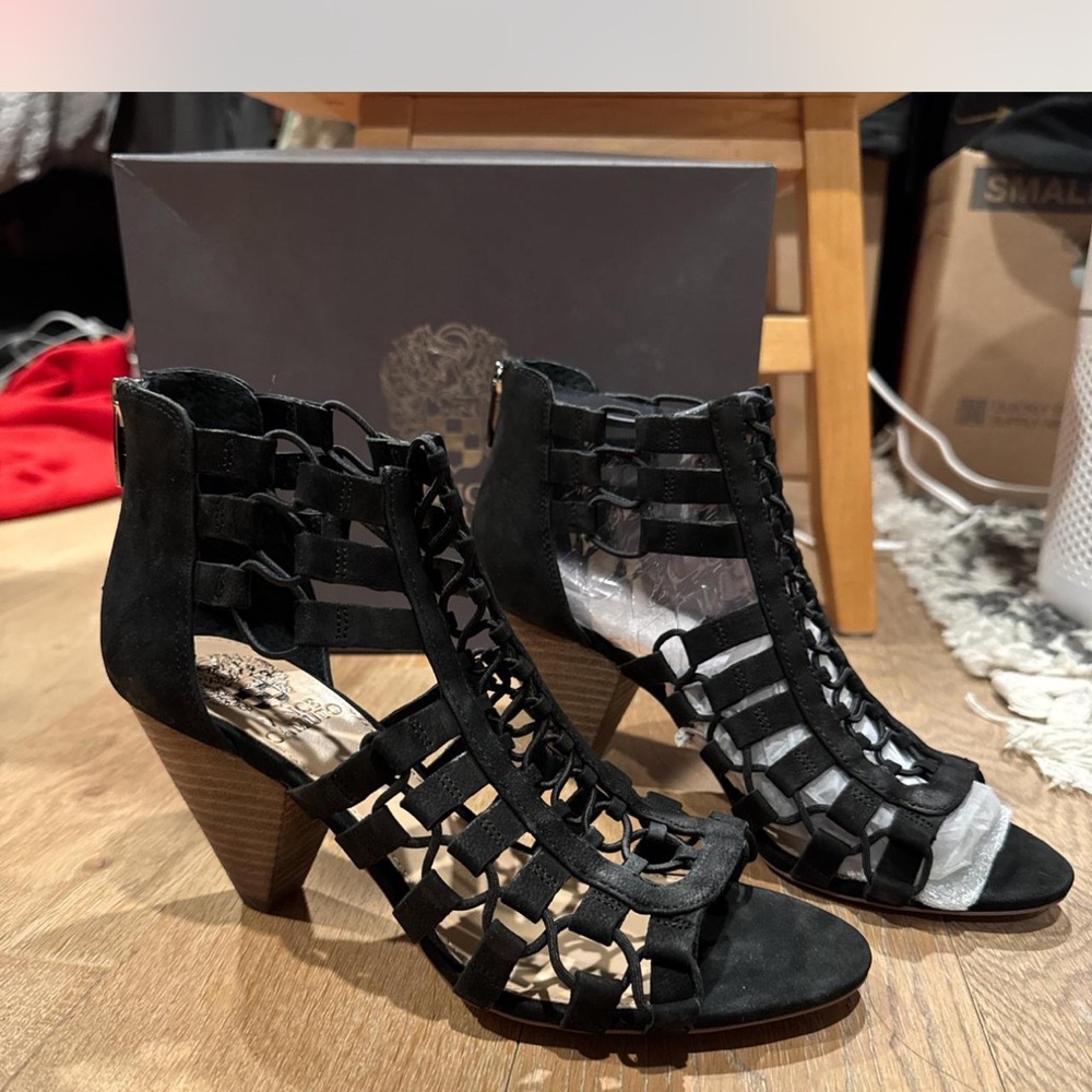 Vince Camuto Black Heeled Sandals with Cage Design